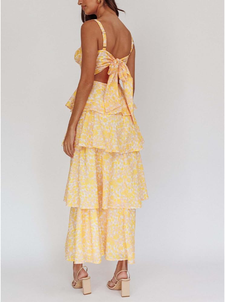 Women Floral Maxi Dress Sleeveless Bow Back Tiered Boho Flowy Long Dresses Summer Fall - Image 2
