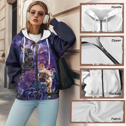 Showudesigns Jacken mit Reißverschluss für Damen, Übergröße, Hoodies und Sweatshirts, Herbstpullover, Frühlings-Tops, Französische Bulldogge, L