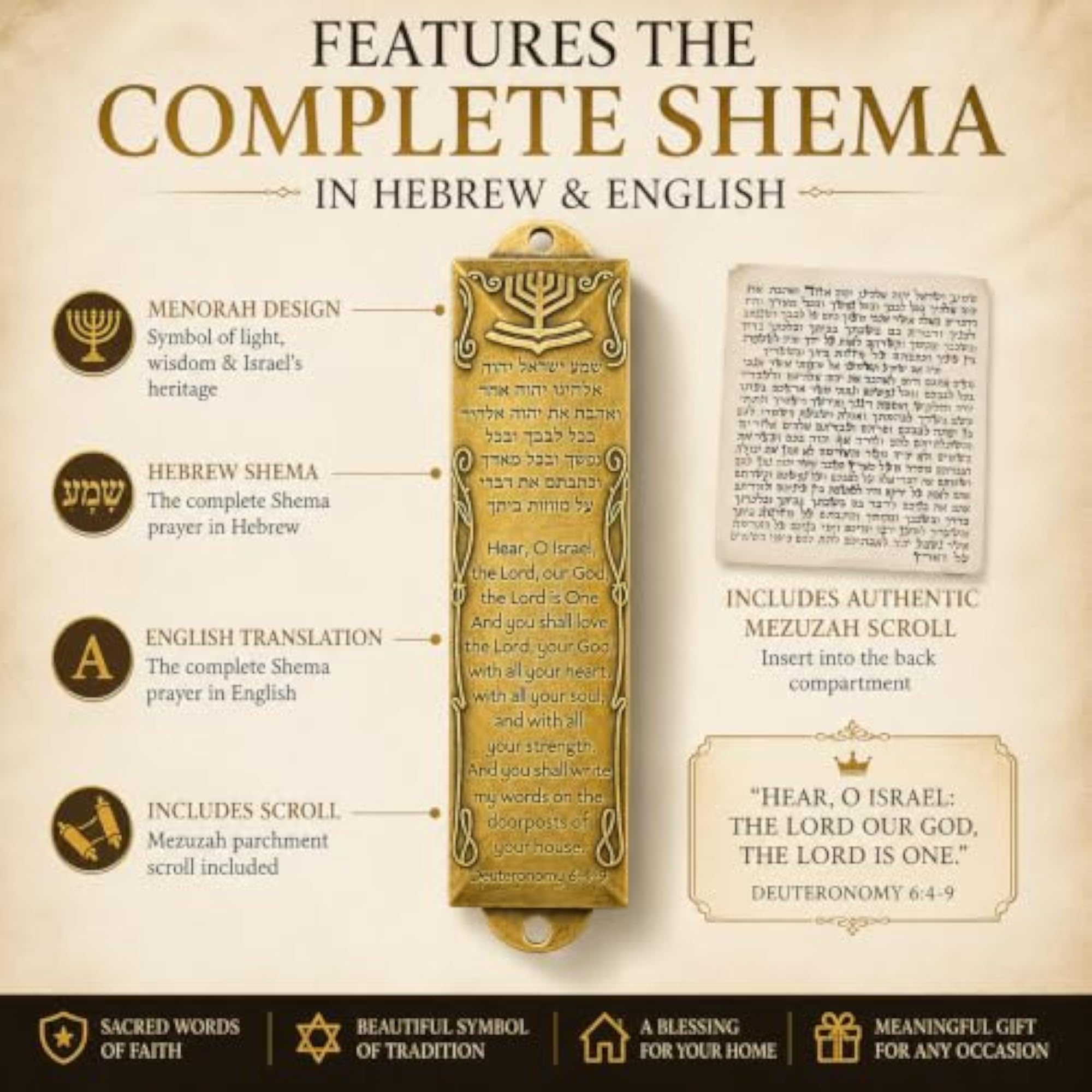 Brass Shema Blessing Mezuzah with Scroll, 5.5 Inches