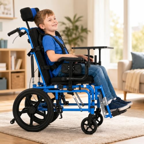 Image of Full Reclining Pediatric Wheelchair - Heavy Duty Folding Kids Wheelchair with Headrest, Meal Tray & Elevating Footrest, Medical Mobility Chair for Home, Travel & Rehabilitation (Blue)