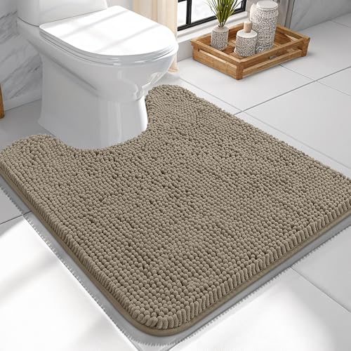 Image of OLANLY Toilet Rugs U-Shaped 24x24, Extra Soft Absorbent Chenille Contour Bathroom Rugs for Toilet, Dry Quickly, Machine Washable, Non-Slip Bath Mat, Warm Taupe