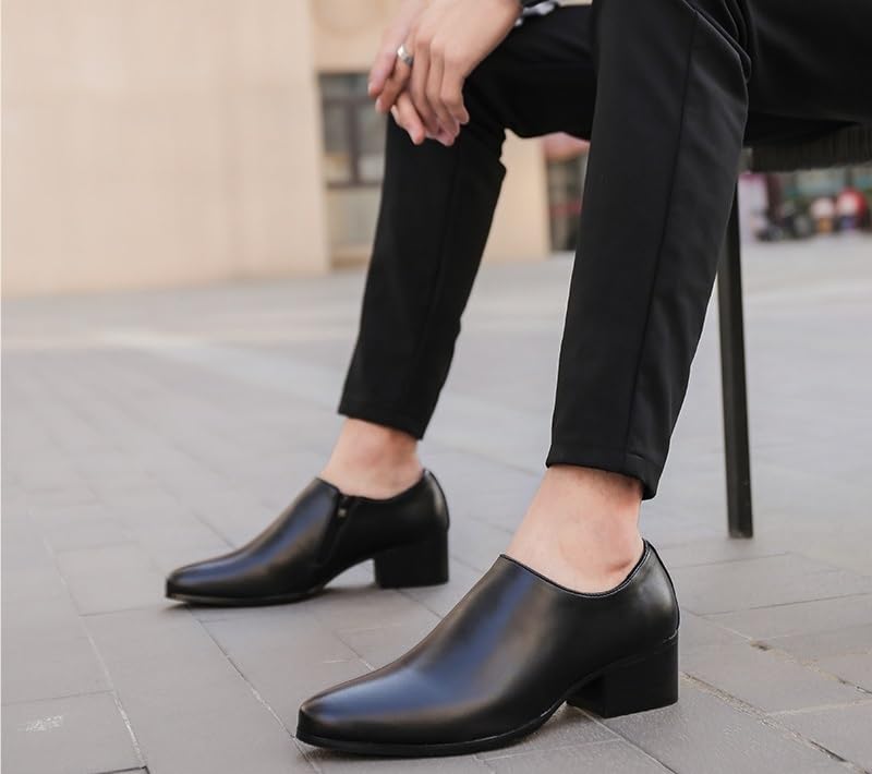 Battle Men Men's Leather Slip-On Dress Shoes with Pointed Toe, Chunky Heel, 3-Inch Height Increasing Elevator Style for Office or Formal Use3