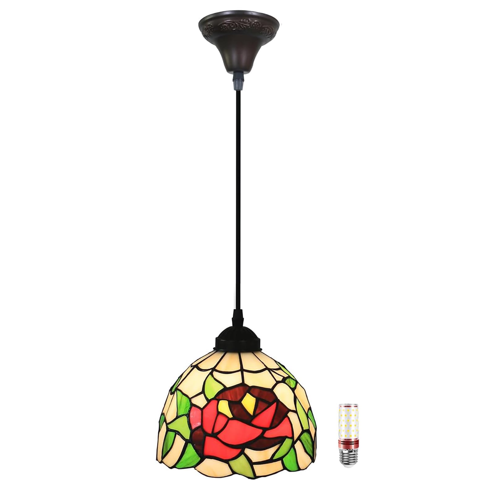 Uziqueif Pendant Light, Pendant Ceiling Light 8", Tiffany Style Hanging Ceiling Lights, Glass Lampshade, LED Kitchen Island Lights, vintage chandelier for Dining Room, Living Room, Height Adjustable,O