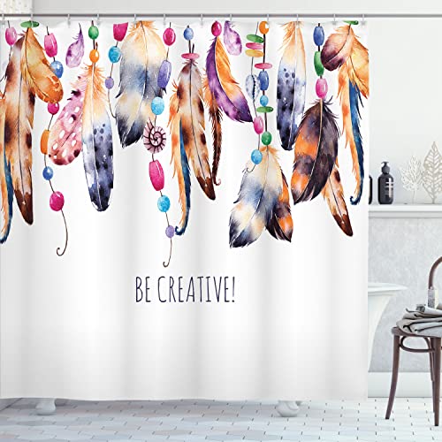 Ambesonne Pearls Shower Curtain, Be Creative Lettering Watercolor with Feather and Beading Bohemian Style for Home Decor Art, Cloth Fabric Bathroom Decor Set with Hooks, 69" W x 70" L, White Brown