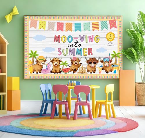 Summer Bulletin Board Set Highland Cow Bulletin Board Classroom Decorations Mooving Into Summer Cutouts for Teacher Classroom School Office Chalkboard Wall Library Window Home Decor — view 2