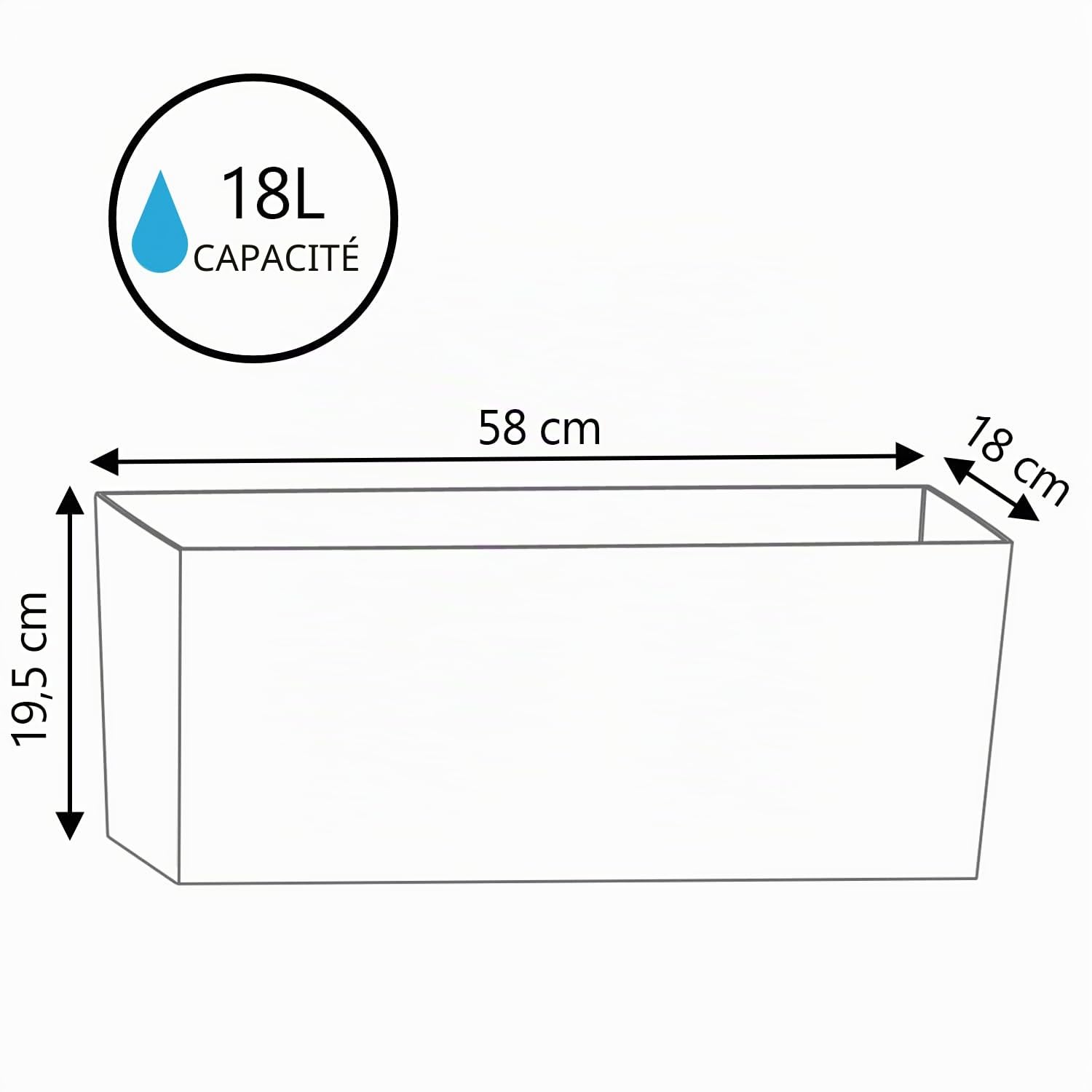 IMJ-Global Lot de 3 pots à fleurs rectangulaires Urbes en plastique 58 x 18,5 x 19,5 cm pour intérieur extérieur noir volume 18 litres design moderne