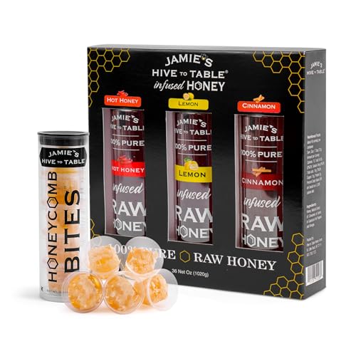 Jamie's Hive To Table Bites & Infused Honey Gift Set (3.3 Oz, 5 Bites & 3x12 Oz Squeeze Bottles) – Raw Honeycomb with Bee Pollen and Propolis &, Hot, Lemon, and Cinnamon Flavored Honey