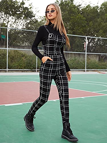 Wdirara Women's Plaid Overall Straps High Waist Pinafore Casual Jumpsuit With Pocket Black M #TOP4