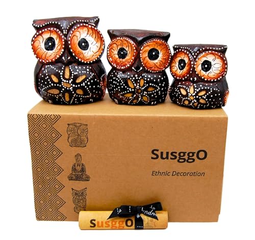 SusggO Set de 3 Buhos de Madera, Decoracion, Tallado a Mano, Buho de la Suerte, Idea Artesania Adorno Mueble (Marron Chocolate Flor MCF)