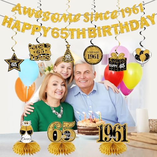 Image of Kuxriox 11Pcs 65th Birthday Decorations Kit for Men Women, Black Gold Happy 65th Birthday Banner, Awesome Since 1961 Centerpieces Swirls Party Supplies, 65 Bday Banner Ceiling Table Topper Sign