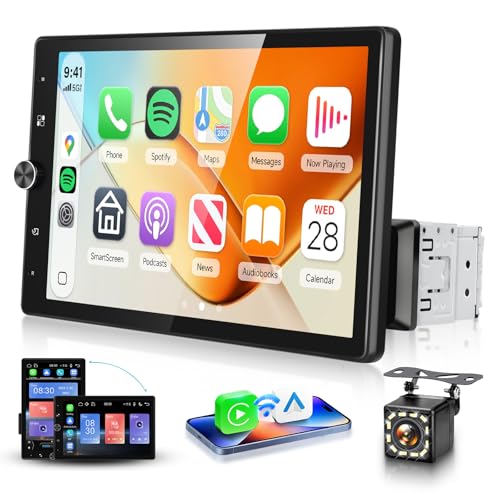 MAHVEC 10.4'' Single Din Car Stereo with Wireless CarPlay Android Auto, HD Rotation Touchscreen Radio with Bluetooth, USB, Mirror Link, SWC, Car Play, FM/RDS Radio, Backup Camera