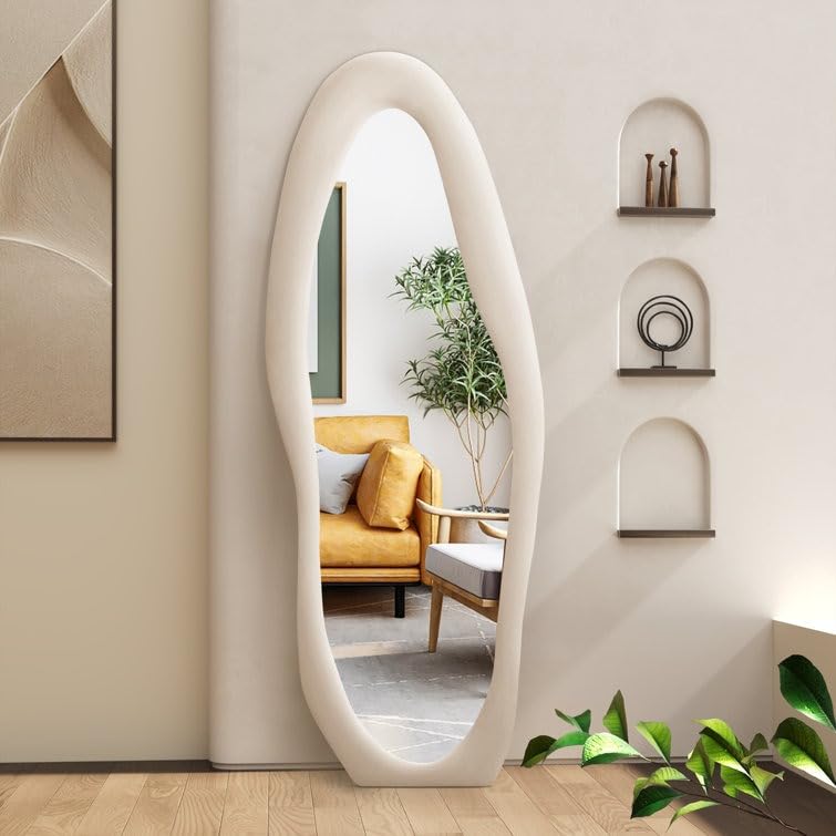 Sponsored Ad - VENETIAN IMAGE Wood Asymmetrical Full Length Wall Mount Oblong Mirror 63X24 Inches (Beige)