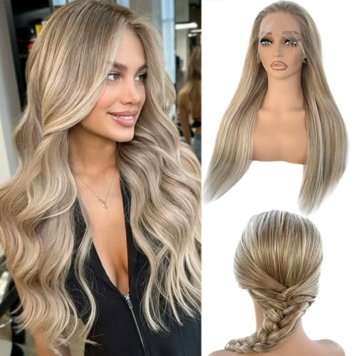 Image of Highlight 13x4 HD Lace Front Wig Human Hair 22 Inch Balayage Ash Brown to Beige Blonde to Platinum Blonde Human Hair Lace Frontal Wig for White Women Glueless Wigs 180% Density Colored Remy Hair Wigs
