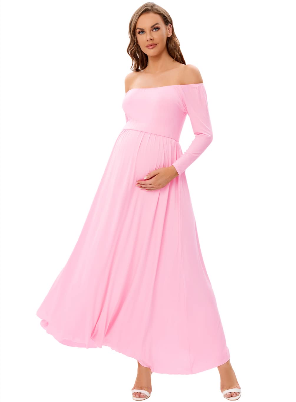 CFWSHJ Abito Lungo Premaman con Spalle Scoperte per Servizio Fotografico Baby Shower Abito Casual a Maniche Lunghe per Gravidanza