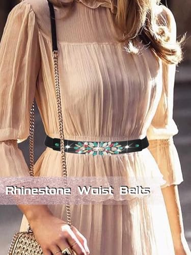 Urieo Rhinestone Stretchy Cinch Belt Crystal Black Elastic Belts Wide Stretch Dress Dresses Ladies Waist Belt for Women4