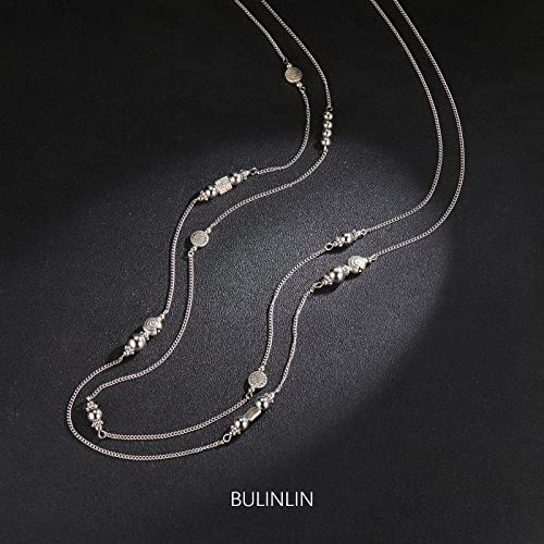 Bulinlin Layered Silver Long Necklace For Women Turquoise Stone Beaded Strand Sweater Chain Necklaces Fashion Costume Jewelry Gifts For Mom(Metal) #TOP1