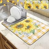 LOKHOM Dish Drying Mat for Kitchen Counter, 12'x20' Absorbent Coffee Bar Mat with Sunflowers, Vintage Floral Dish Drainer Rack Mats for Kitchen Counter Coffee Maker Pot Dining Room Decoration
