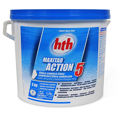 HTH Tablettes de chlore multifonction 200g, seau de 5kg - 5 actions en un produit.