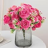 3 Bunches Artificial Flowers, Silk Fake Peonies Faux Hot Pink Artificial Flowers Peonies Bouquet Arrangements Table Centerpieces for Wedding Office Home Decor Cake 3pcs