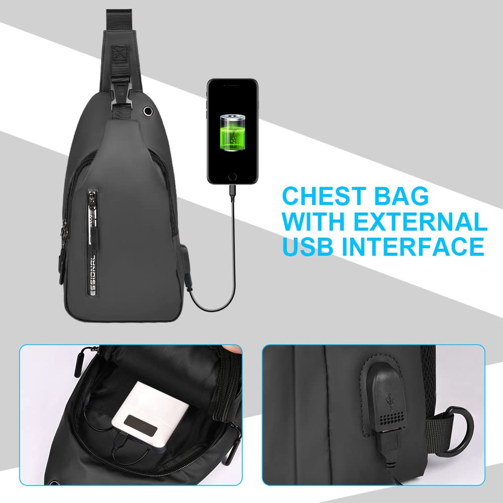 Aucuu męska torba na klatkę piersiową, torba na ramię z portem USB do ładowania, wodoodporna torba na ramię, torba na piersi Crossbody (z USB*1), #2 Szary