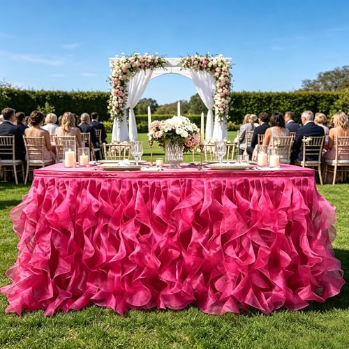 Image of Luxury Organza Mesh Table Skirt Draping Floating Romance - Perfect for Bridal Showers, Birthday Weddings - Clear Flowing Decoration for a Wonderful Main Cake Table (Hot Pink-6ft, 72 inchLx30 inchH)