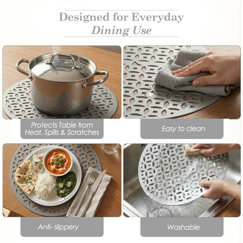 Image of Kuber Industries 4 Pcs Set Leather Round Side Table Mats | Reusable and Washable Dining Table Mat for Party, Wedding and Family Functions | Silver