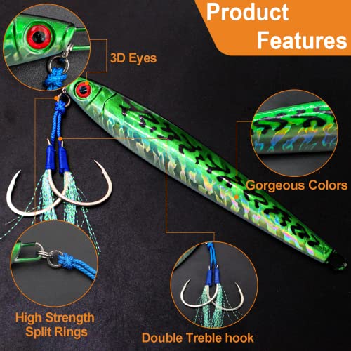 Zsrivk 1Pcs Slow Flat Fall Jig Saltwater Artificial Lure Jigs Fishing Lure With Two Assist Hooks, Saltwater Spoon Lure Sea Fishing Jigging Lure For Bass Tuna Salmon Grouper 7Oz/200G #TOP2