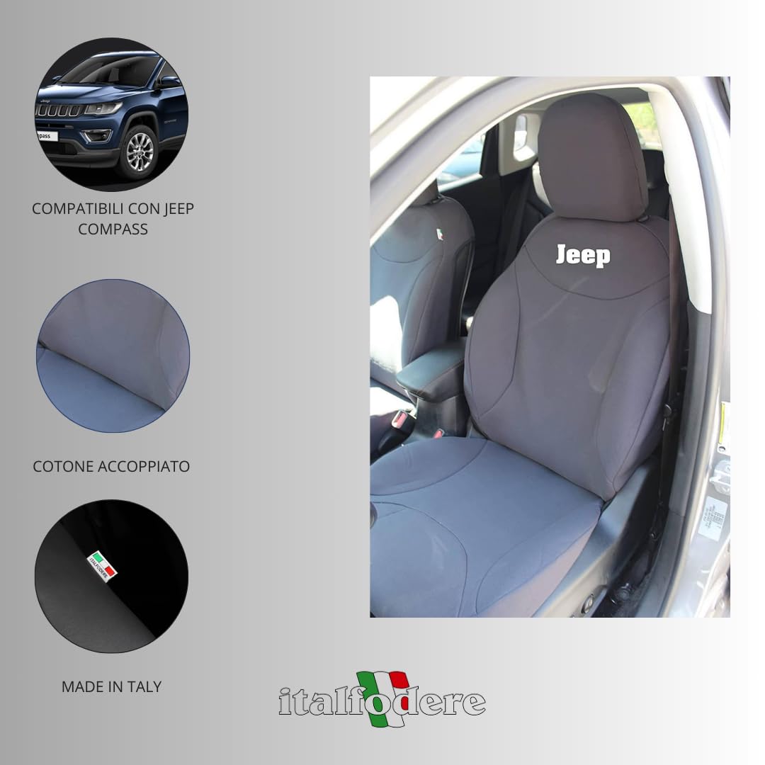 Italfodere - Coprisedili Auto Anteriori - Compatibili con Jeep Compass - Fatti a Mano - Cotone - Gommapiuma - Poliestere - Accessori Auto Interno - Made in Italy