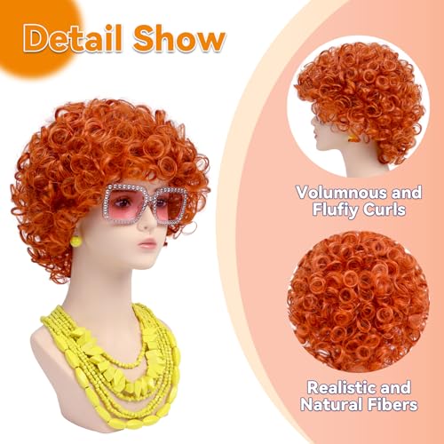 Image of Women Roper Curly Orange Red Cosplay Wig with Necklace Earrings and Sunglasses for Women Hallween Costume Wig