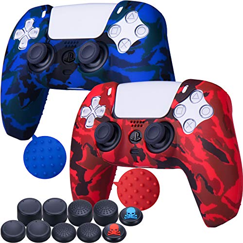 9CDeer 2 x Silicona Transferir Impresión Protector Grueso Cubrir Piel + 10 Apretones de Pulgar para PlayStation 5 / PS5 Mando Pintar Rojo & Azul