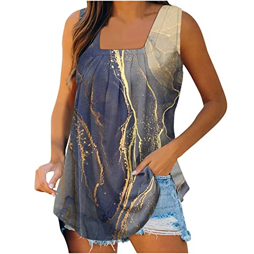 Camiseta sin mangas para mujer, cuello cuadrado, sin mangas, con pliegues, camiseta de verano, elegante, corte holgado, camiseta básica, camiseta de tirantes para mujer, moda de verano, caqui, S