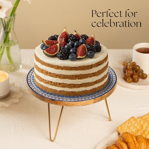 Image of RITUALISTIC Holland Printed Wooden Cake Stand with Metal Legs with Server | Elegant Cake Display for Decoration & Cutting | Round Dessert Tray for Cakes, Events, Birthdays & Home Decor