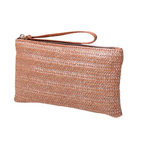 Bolsa clutch feminina de palha - Bolsa de mão boêmia verão praia com zíper, Marrom, Compact (8.6” x 5.1” x 0.55”)