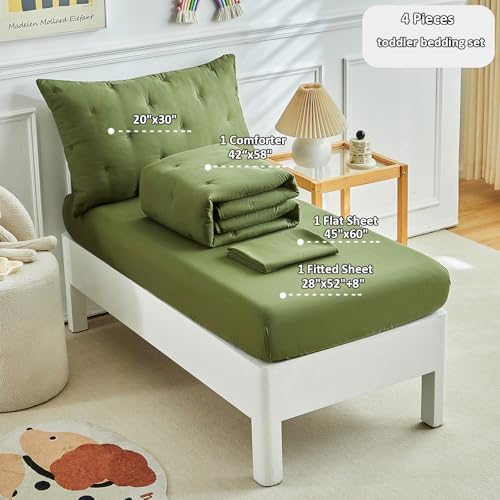 Image of DuShow 4 Pieces Toddler Bedding Set,Embroidery Crib Comforter Set for Boys Includes Toddler Bed Comforter,Fitted Sheet,Flat Sheet and Envelope Pillowcase,Soft Toddler Bed Sheet Set-Olive Green