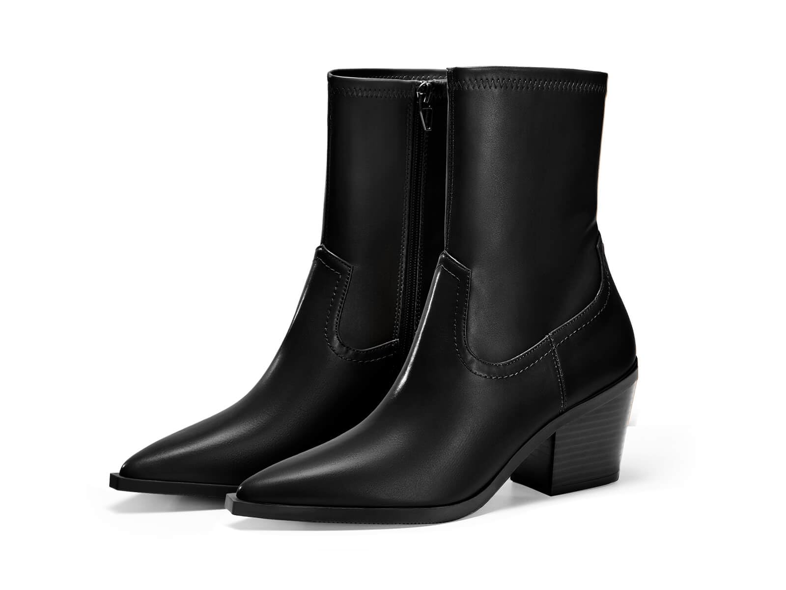 Coutgo Womens Pointed Toe Ankle Boots Chunky Stacked Heel Side Zipper Leather Fall Booties Shoes