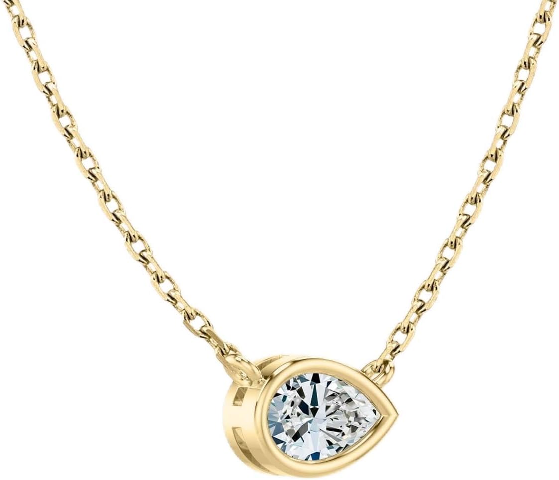The Diamond Deal IGI Certified 1.00 to 3.00 Carat Sideways East-to-West Oval, Pear, Marquise or Emerald Shape Lab-Grown Diamond Pendant Necklace In Bezel Setting in 14k Yellow, White or Rose Gold With