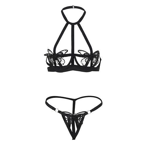 Women's Exotic Apparel Women's Two Piece Underwire Lingerie Set Bow Knot Cut Out Halter Bra and Panty Sleepwear - 05 Black - Medium
