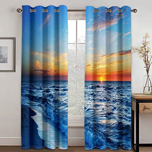GDYRYD Cortinas Aislantes Termicas Ventana para Infantil 2 Piezas con Ojales 55x140cm 3D Paisaje De Olas del Océano Azul Patrón Cortinas Opacas Habitacion Salón Dormitorio Decoración De La Ventana