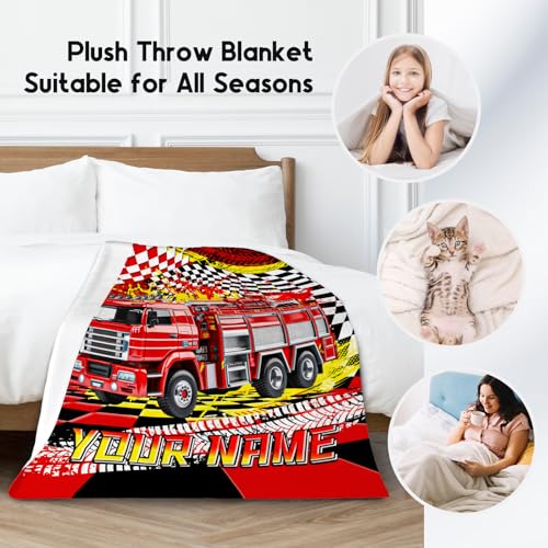 Boys Blanket, Fire Truck Blanket for Boys, Personalized Throw with Name, Custom Car Gifts for Kids, Warm Fleece Throw for Couch & Sofa, 40"x50"