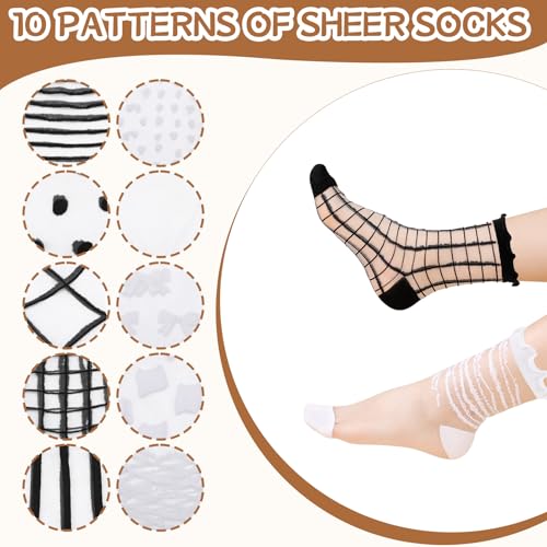Image of Jspupifip Sheer See Through Socks for Women - Striped Plaid Mesh | Polka Dot & Bow Design Transparent Soft Breathable Fashion Stockings, Lightweight Lace Socks