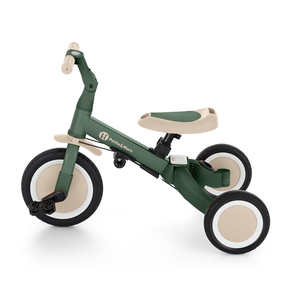 PETITE&MARS Turbo Plus 5in1 Kinder-Dreirad & Laufrad | Multifunktionales 3–5-Rad mit Sonnendach | Für 1,5–5 Jahre | Abnehmbarer Pedalantrieb, Verstellbarer Sitz, Gurt, PU-Räder (Misty Green)