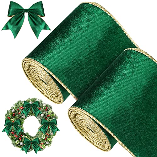 WILLBOND 2 Rolls Christmas Red Velvet Ribbon Wired Edge Trim Wrapping Fabric Christmas Ribbon for Gift Wrapping Bow Wedding Decoration Craft(4 Inch x 6 Yards,Green)