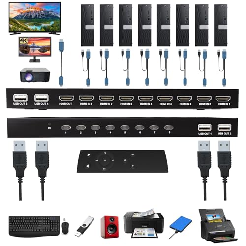 Image of 8 Port HDMI KVM Switch, 4K@60Hz HDMI KVM Switch for 8 Computers Share 1 HD Monitor and 4 USB Devices, Including 8 Cables and Remote Control