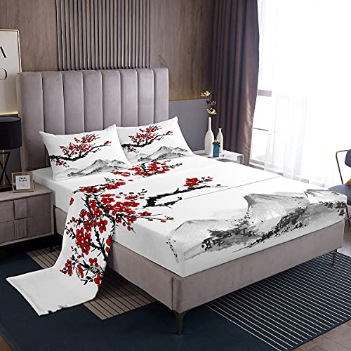 Japanese-Style Sheet Sets, Red Cherry Blossoms Printed Flat Sheet Mount Fuji Ink Painting Black White Bed Sheet Set,for Adult Women Teen Girls Bedsheet,1 Top Sheet+1 Fitted Sheet+2 Pillowcases, Queen