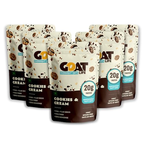 Image of GOAT Life Overnight Oats (75g) | 20g Protein | High Fiber | Instant Oats with Flax & Chia Seeds | No Sugar | Supports Weight Management & Muscle Recovery | Instant Breakfast | (Pack of 5, Cookies & Cream)