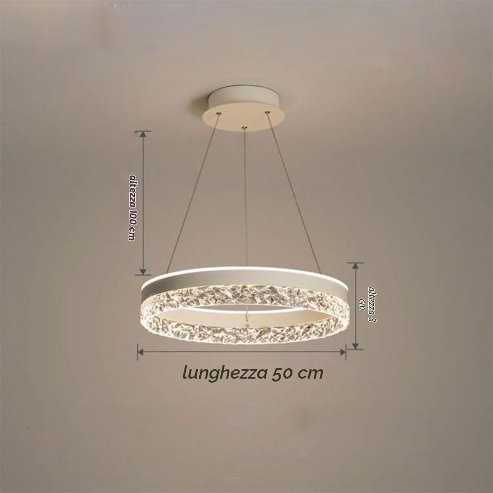 Lampadario LED Sospeso Ø50cm con Cristalli – Dimmerabile, Luce Regolabile 3000K-6400K, Telecomando Incluso, Altezza Regolabile, Design Moderno per Soggiorno, Sala da Pranzo, Camera da Letto (Bianco)