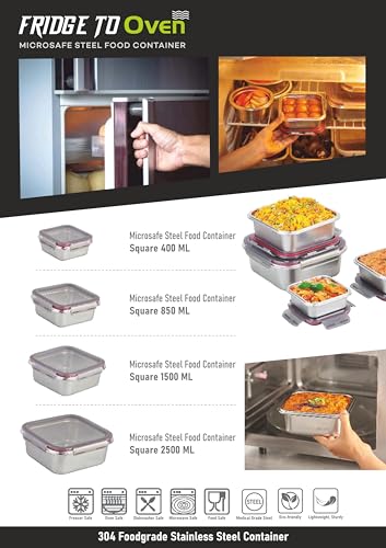 Image of Fridge to Oven Microwave Safe Stainless Steel Reusable Food Storage Containers with Leak-Proof and Airtight Lids (Sqaure Set of 3)