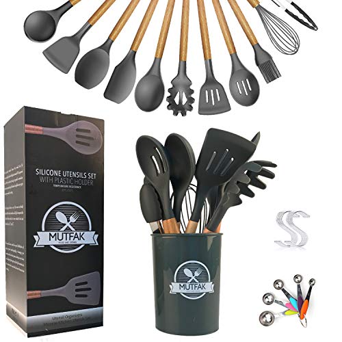 Silicone Cooking Utensils Set Kitchen Utensil Set MUTFAK 16pcs Kitchen Utensils Set Non-Stick Heat Resistant BPA Free Non-Toxic Wooden Handles Cookware With Holder Measuring Spoons Dark Gray