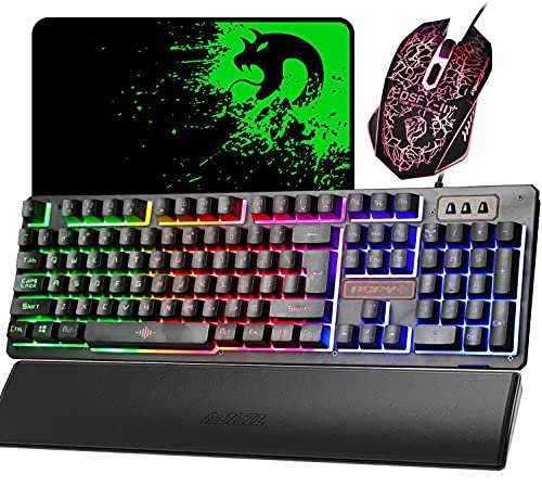 Preisvergleich Produktbild Gaming-Tastatur, Maus, K13, kabelgebunden, Regenbogenfarben, LED-Hintergrundbeleuchtung, 104 Tasten, ergonomische Gamer-Tastatur + 2400 dpi, 6 Tasten, USB, optische Gaming-Maus-Sets