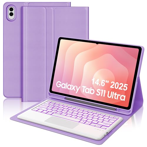 Touch Keyboard Case for Samsung Galaxy Tab S11 Ultra 14.6 Inch 2025, Galaxy Tablet S11 Ultra Case Keyboard with Trackpad, 7-Colors Backlit Keypad with S Pen Holder for Samsung Tab 14.6'', Purple